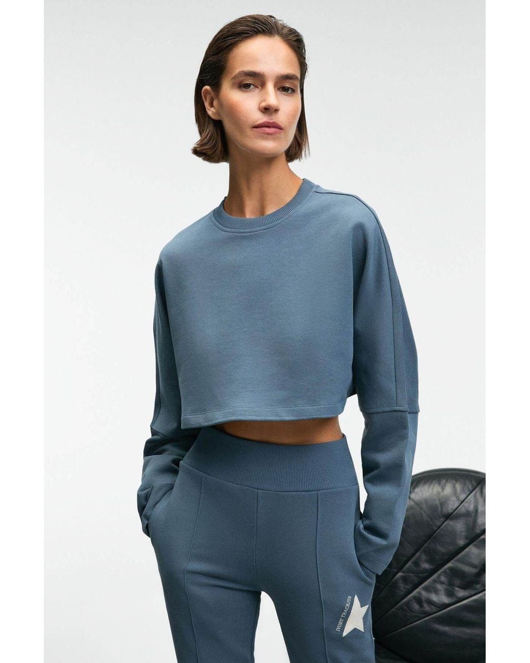 Grimelange Blue Oversized Crop Crew Neck Sweatshirt