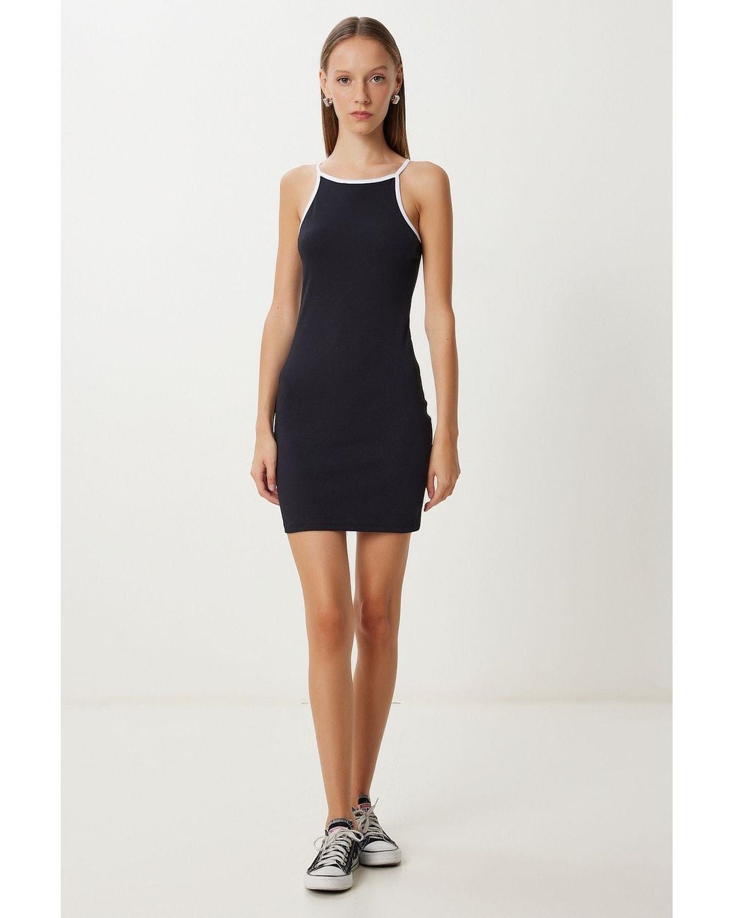 Happiness İstanbul Blue Halter Neck Striped Bodycon Mini Dress