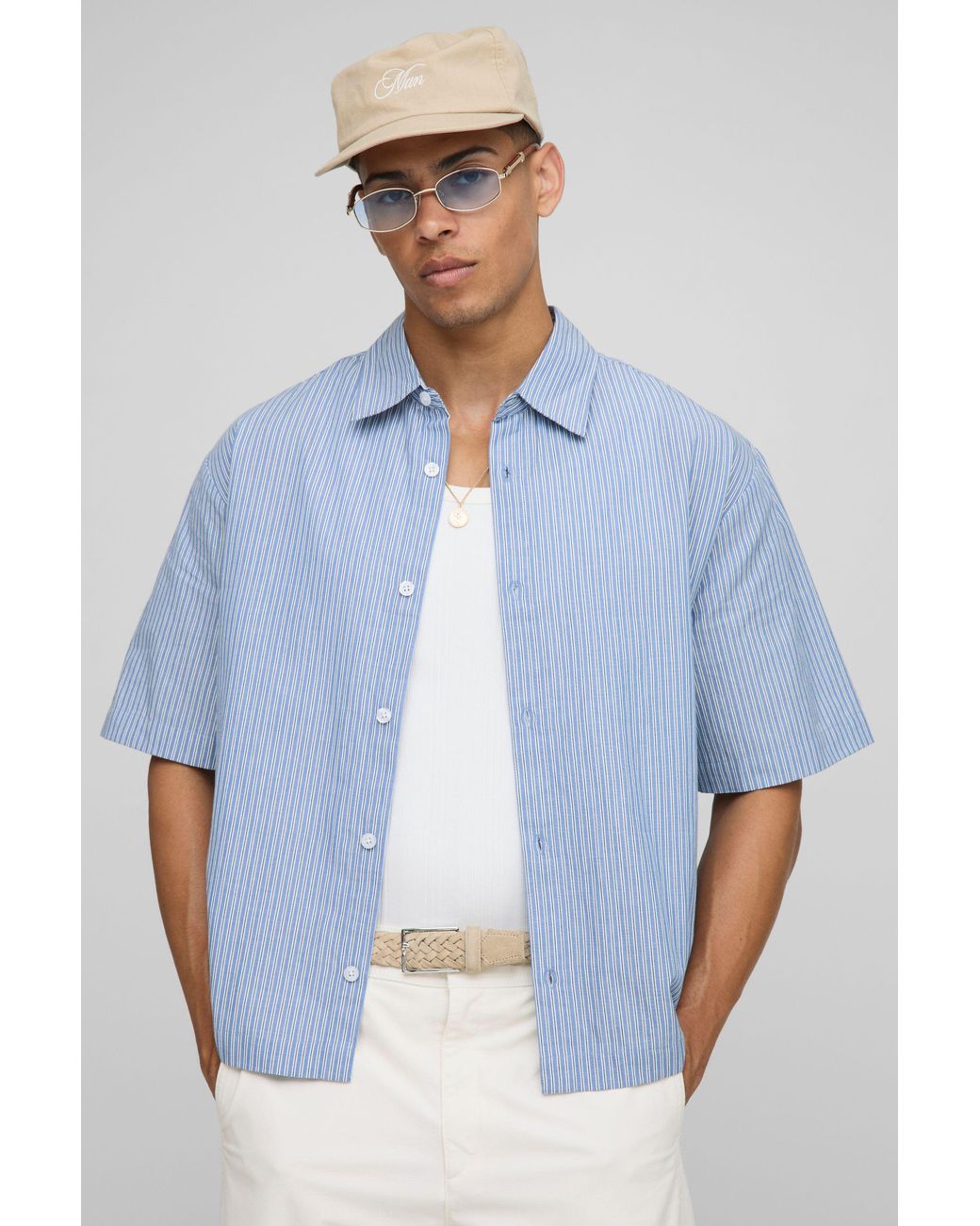 BoohooMAN Blue Oversized Half Sleeve Stripe Collared Shirt for men