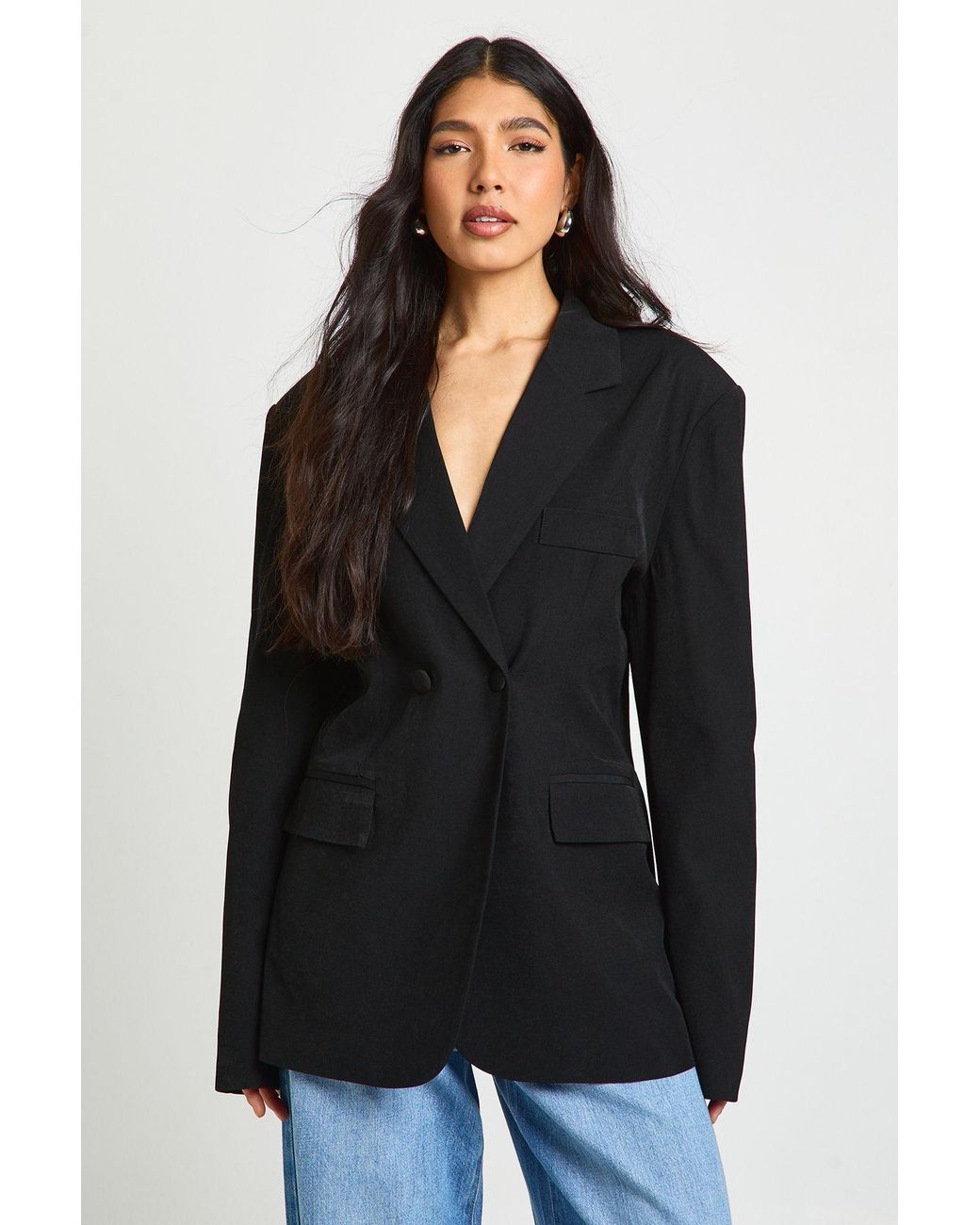 Boohoo Black Tall Double Breasted Cinched Waist Tailored Blazer