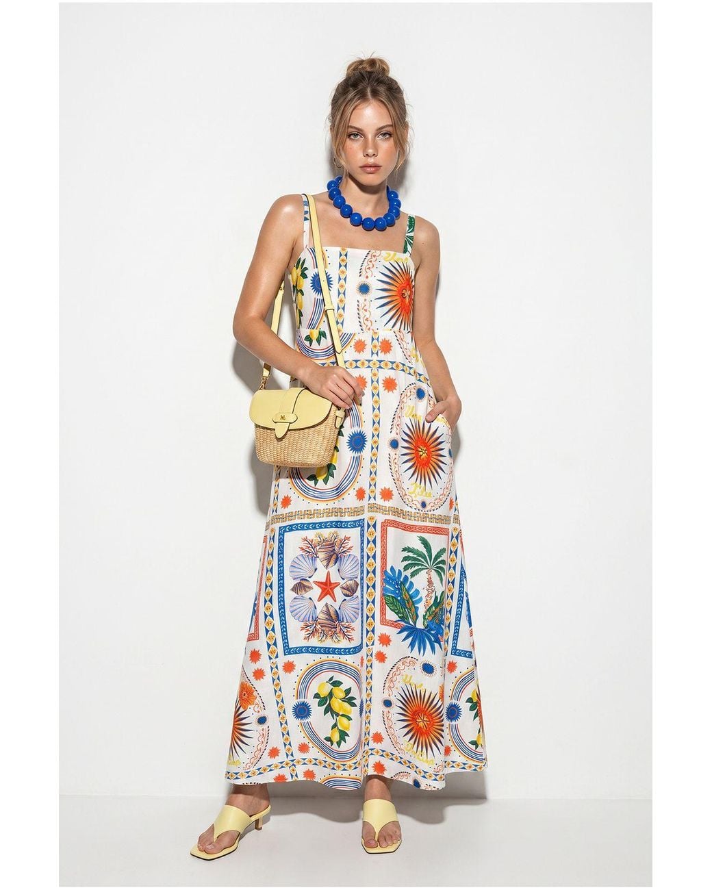 Bianco Lucci White Printed Square Neck Sleeveless Maxi Dress
