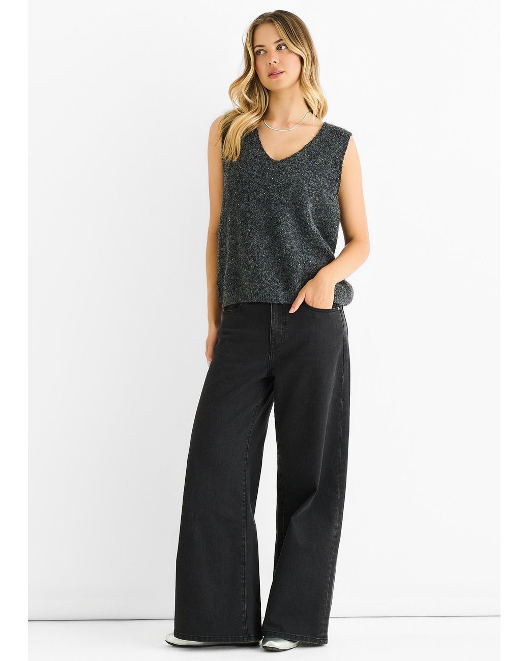 Gini London Blue Sequin Sparkle V Neck Vest Knit Jumper