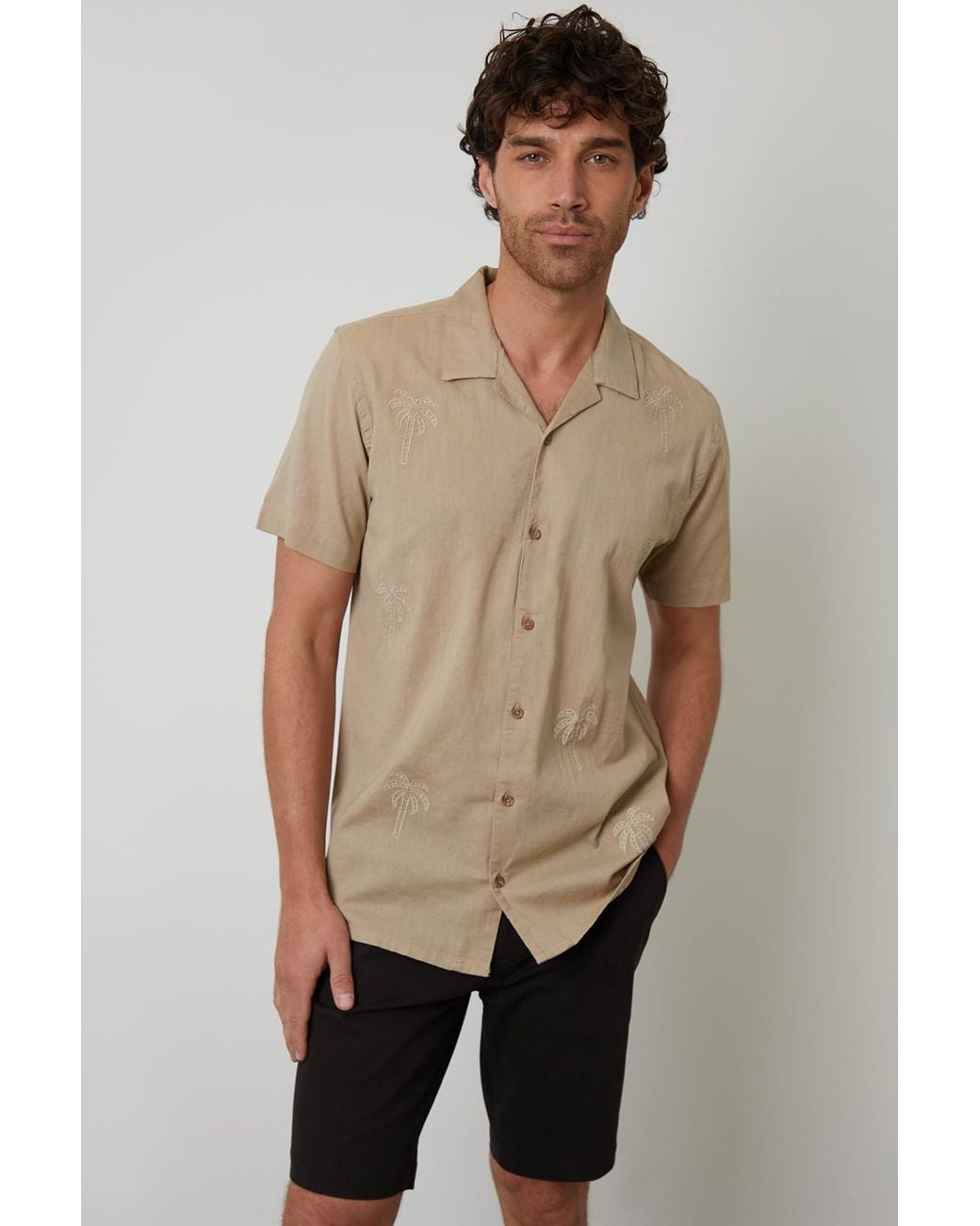 Threadbare Natural Linen Blend Palm Embroidered Short Sleeve Shirt for men