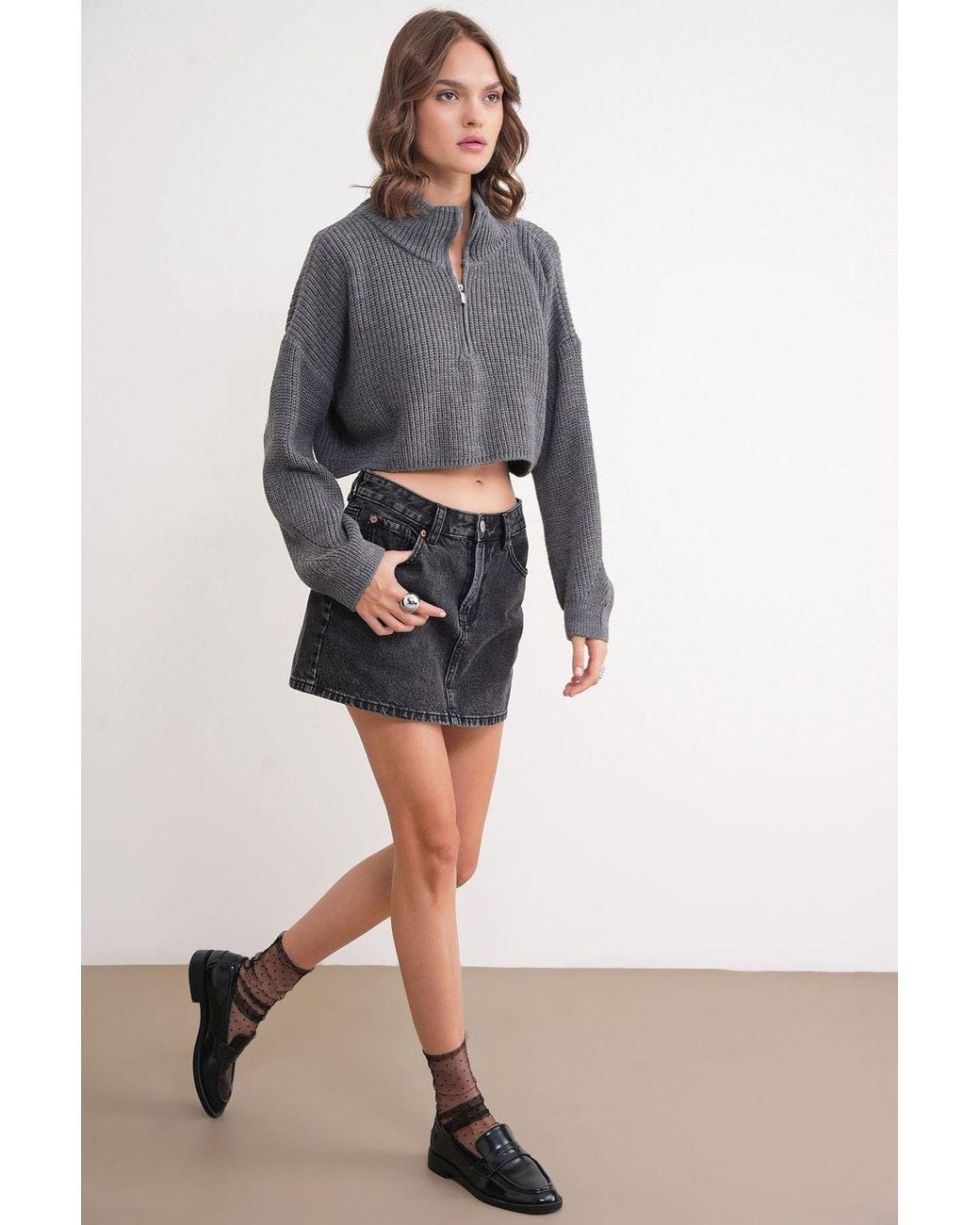 MixRay Gray Textured Long Sleeve Zipped Collar Sweater
