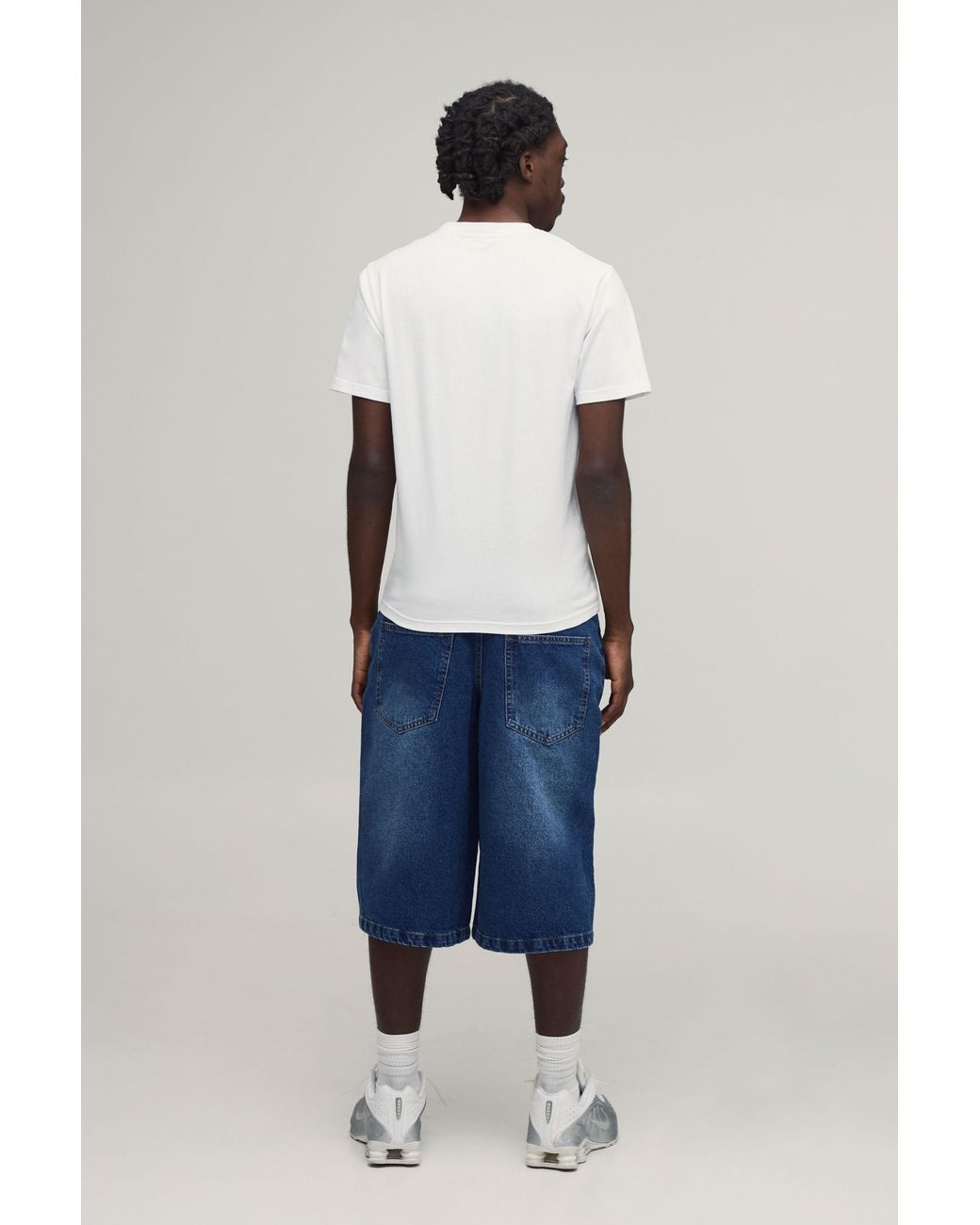 BoohooMAN Blue Longline Rigid Print Denim Jorts for men