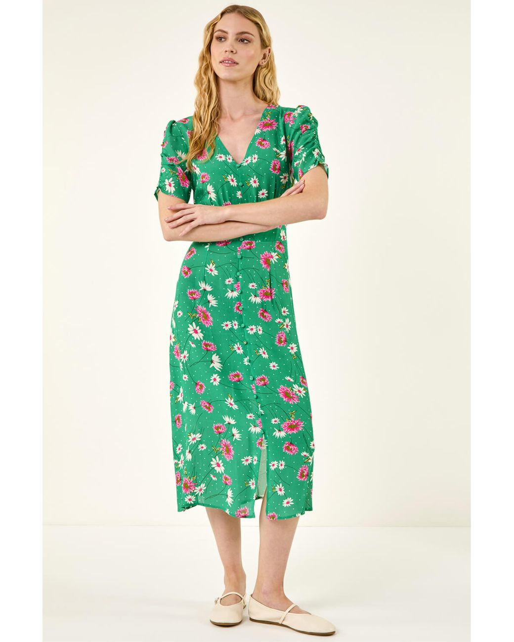 Roman Green Floral Ruched Sleeve Dress