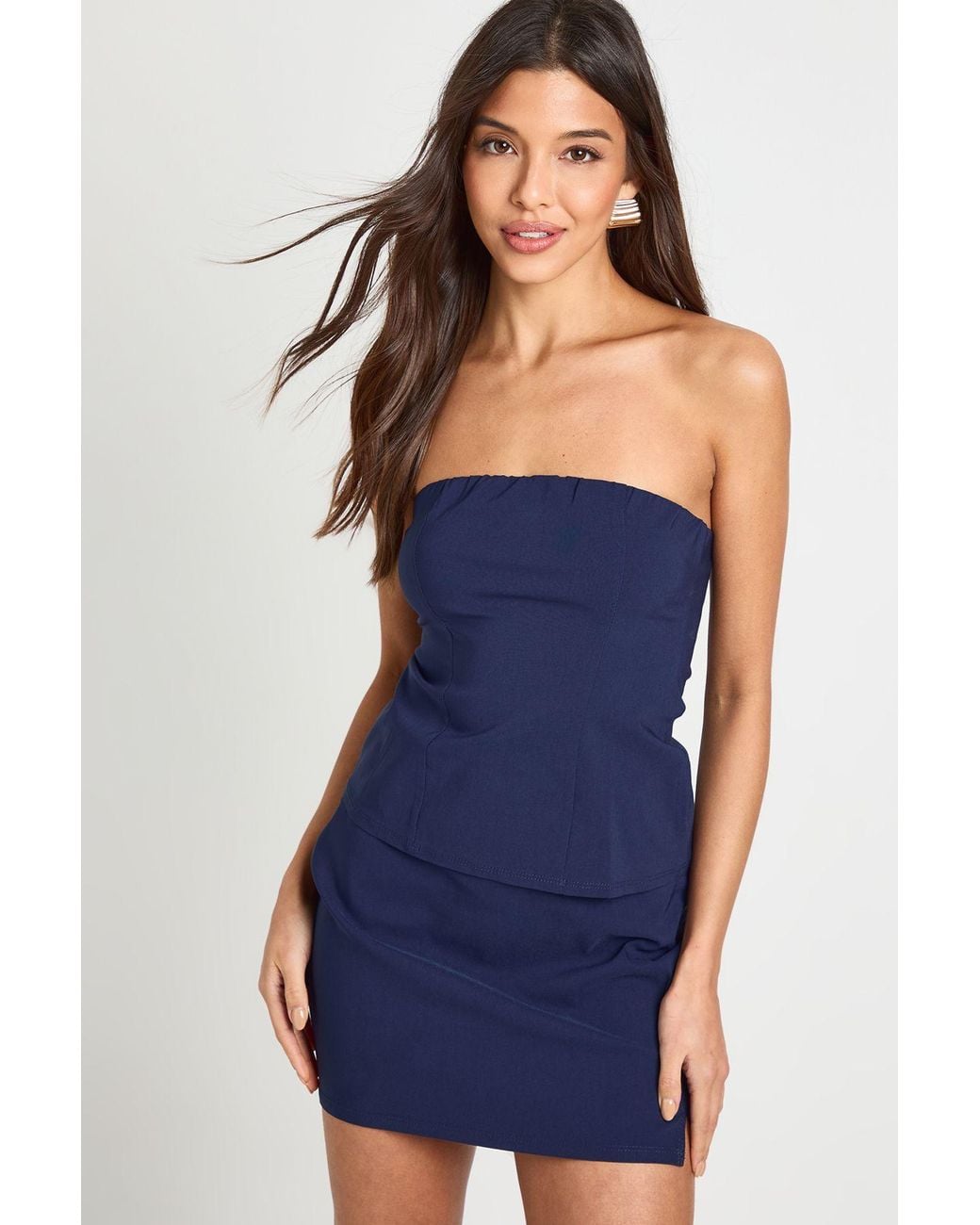 Boohoo Blue Bengaline Bandeau Longline Top And Skirt Co-Ord