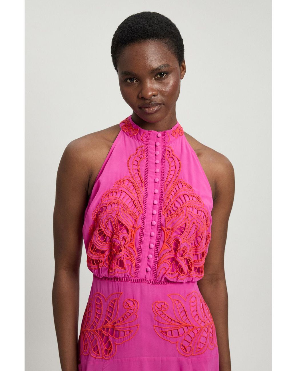Karen Millen Pink Georgette Placed Cutwork Halter Woven Midi Dress