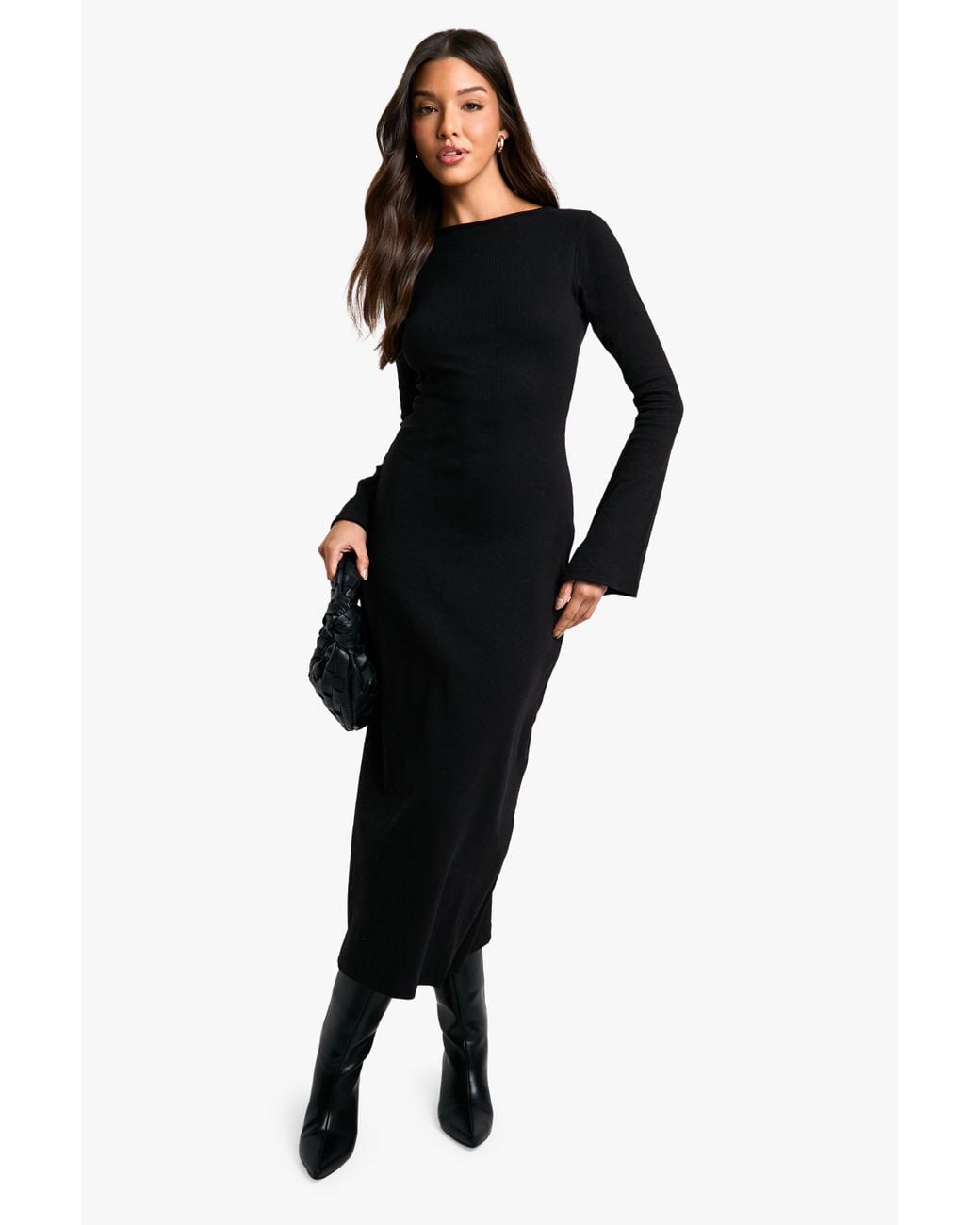 Boohoo Black Rib Tie Back Midaxi Dress