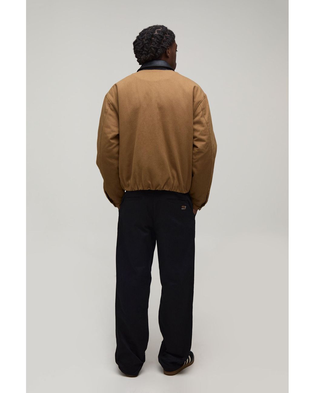 BoohooMAN Brown Oversized Boxy Contrast Pu Collar Twill Worker Jacket for men