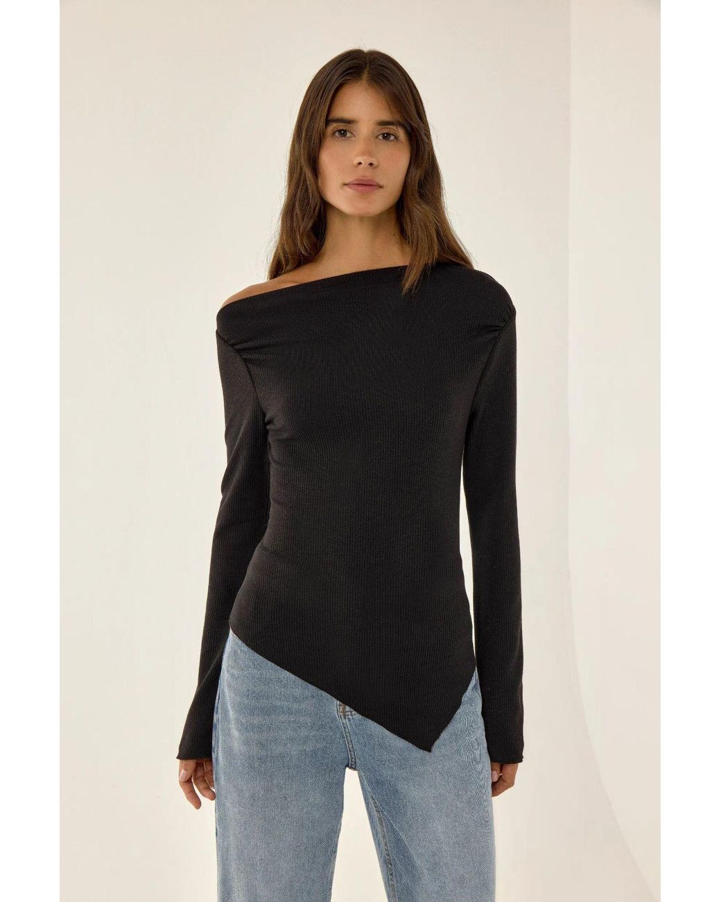 Hiccup Black Asymmetric Ribbed Top With Slit