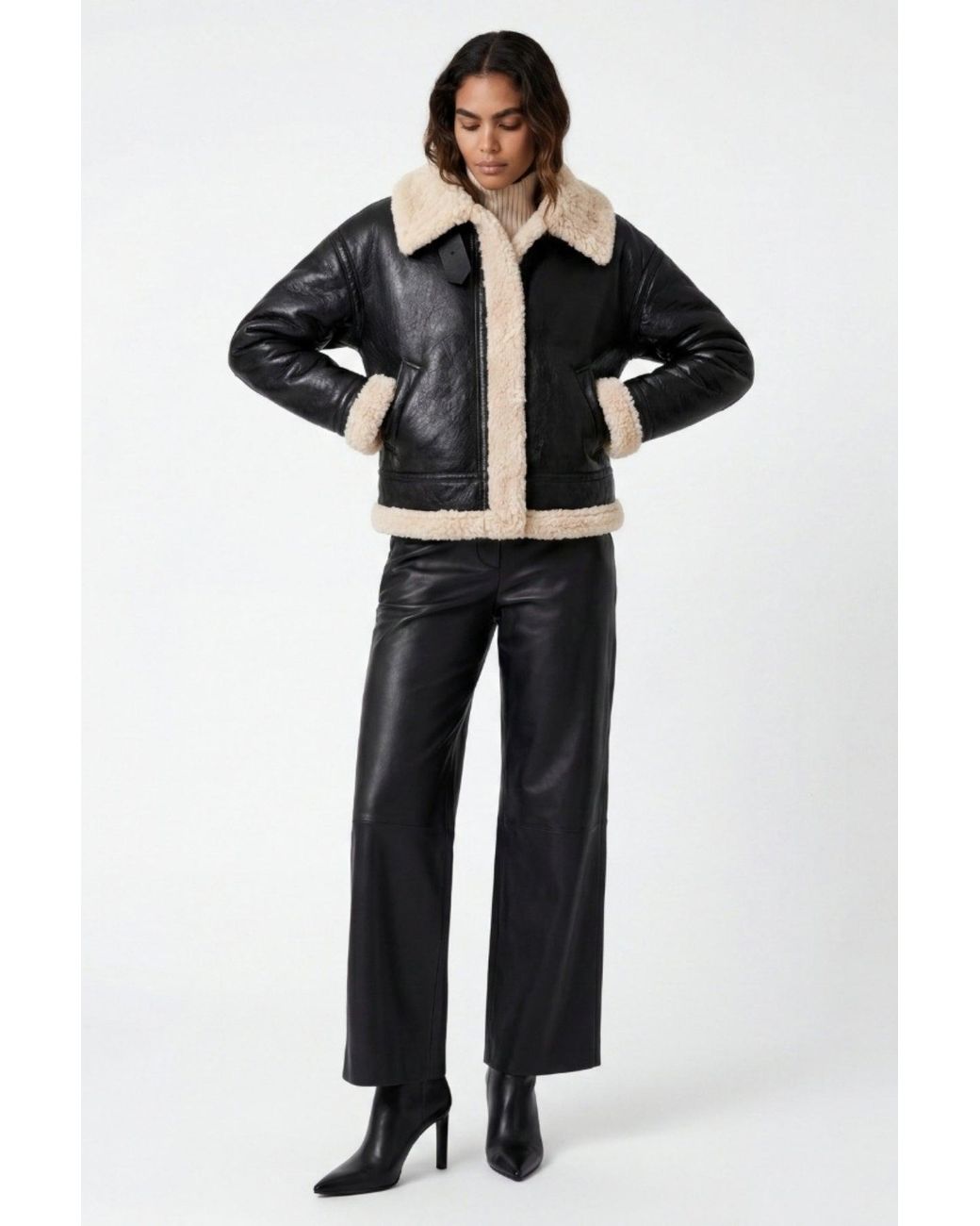 Elle Black Jocelyn Faux-Shearling Aviator Jacket