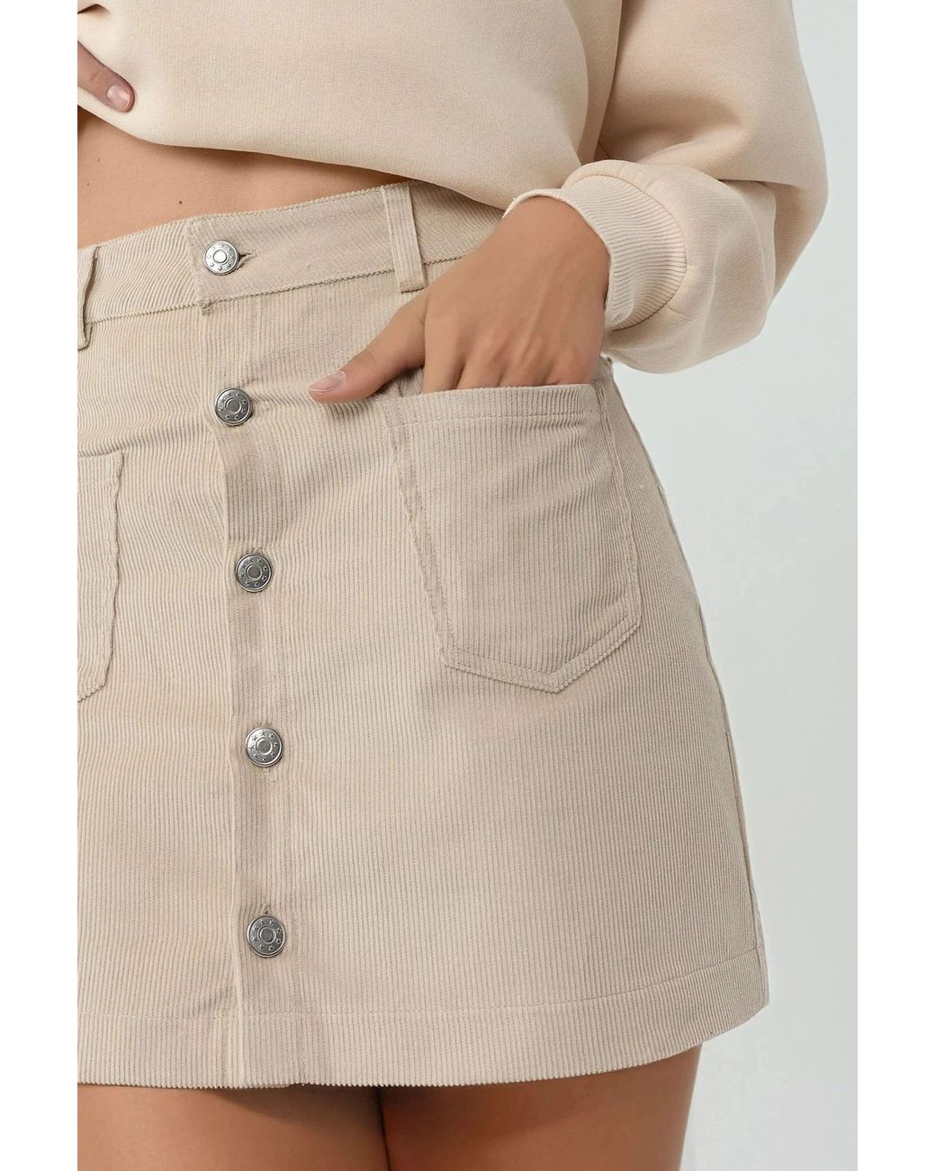 Hiccup Natural High Waist Straight Mini Skirt With Button Closure