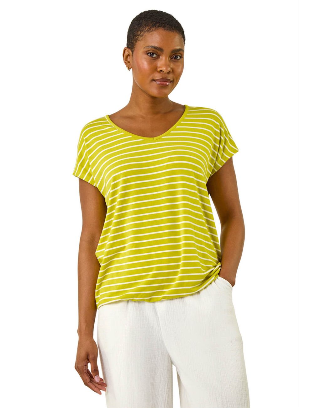 Roman Yellow Stripe Print V-Neck Stretch Tee