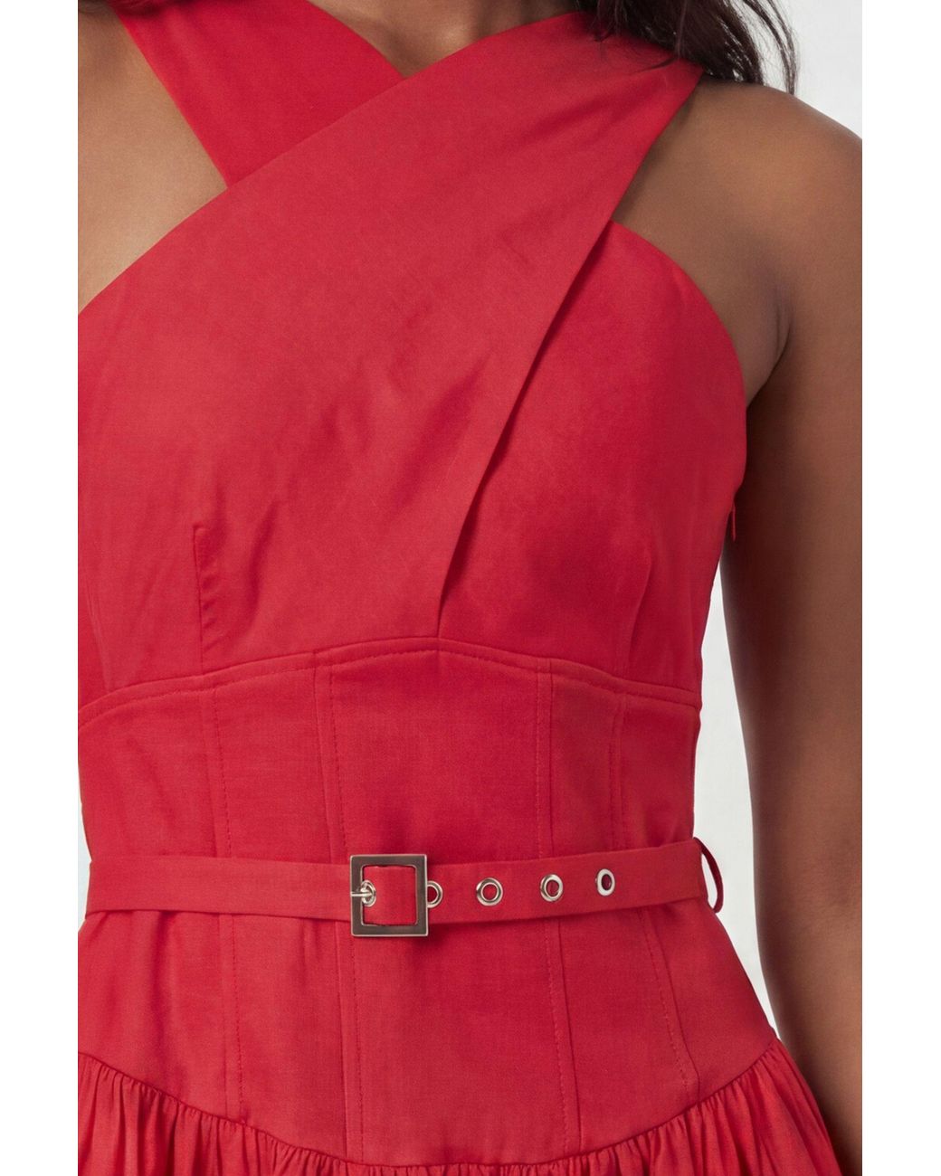 Karen Millen Premium Tailored Linen Halter Neck Belted Full Midi Dress