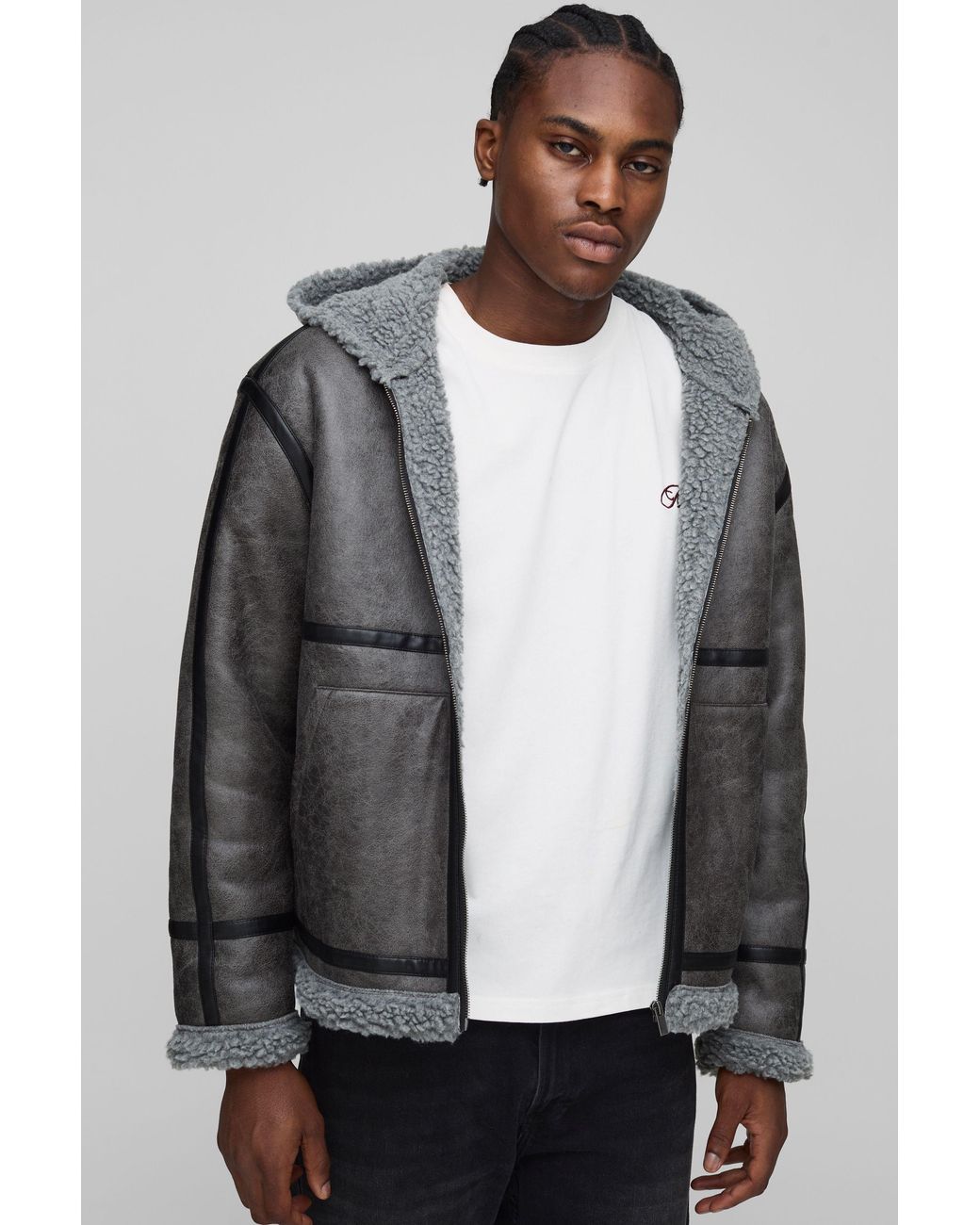 BoohooMAN Gray Regular Fit Pu Seam Hooded Aviator Jacket for men