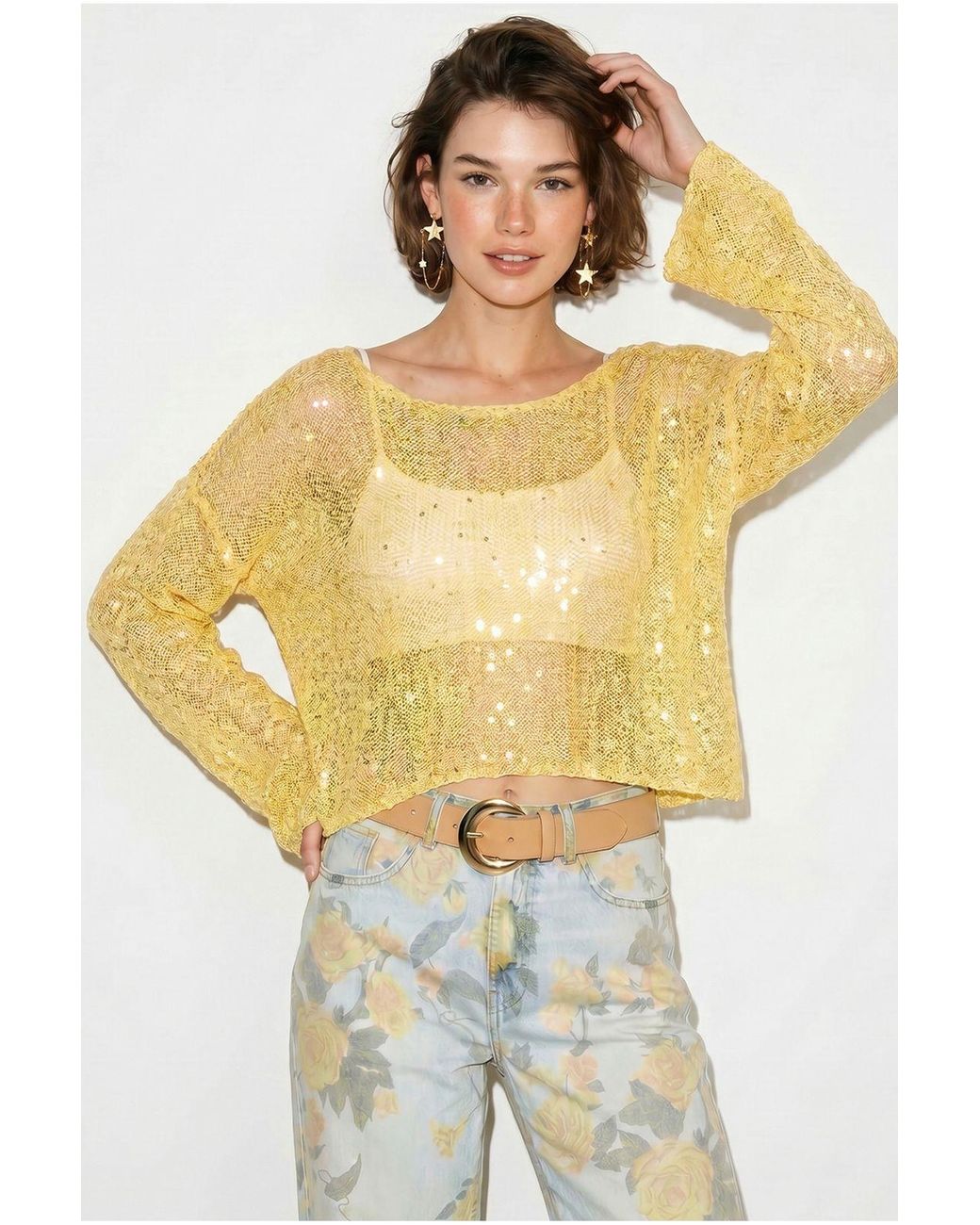 Bianco Lucci Yellow Loose Sequin Knit Crop Top