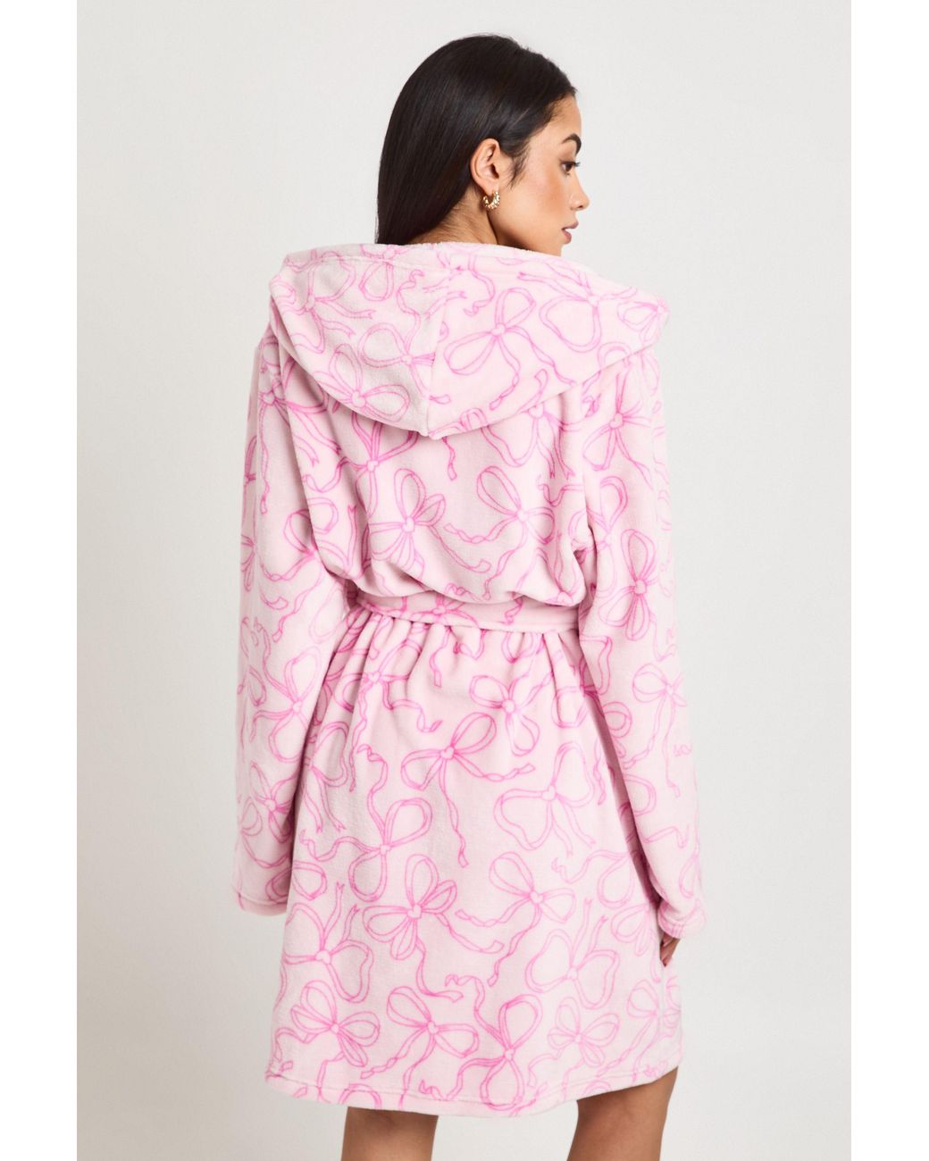 Boohoo Pink Bow Print Hooded Mini Dressing Gown