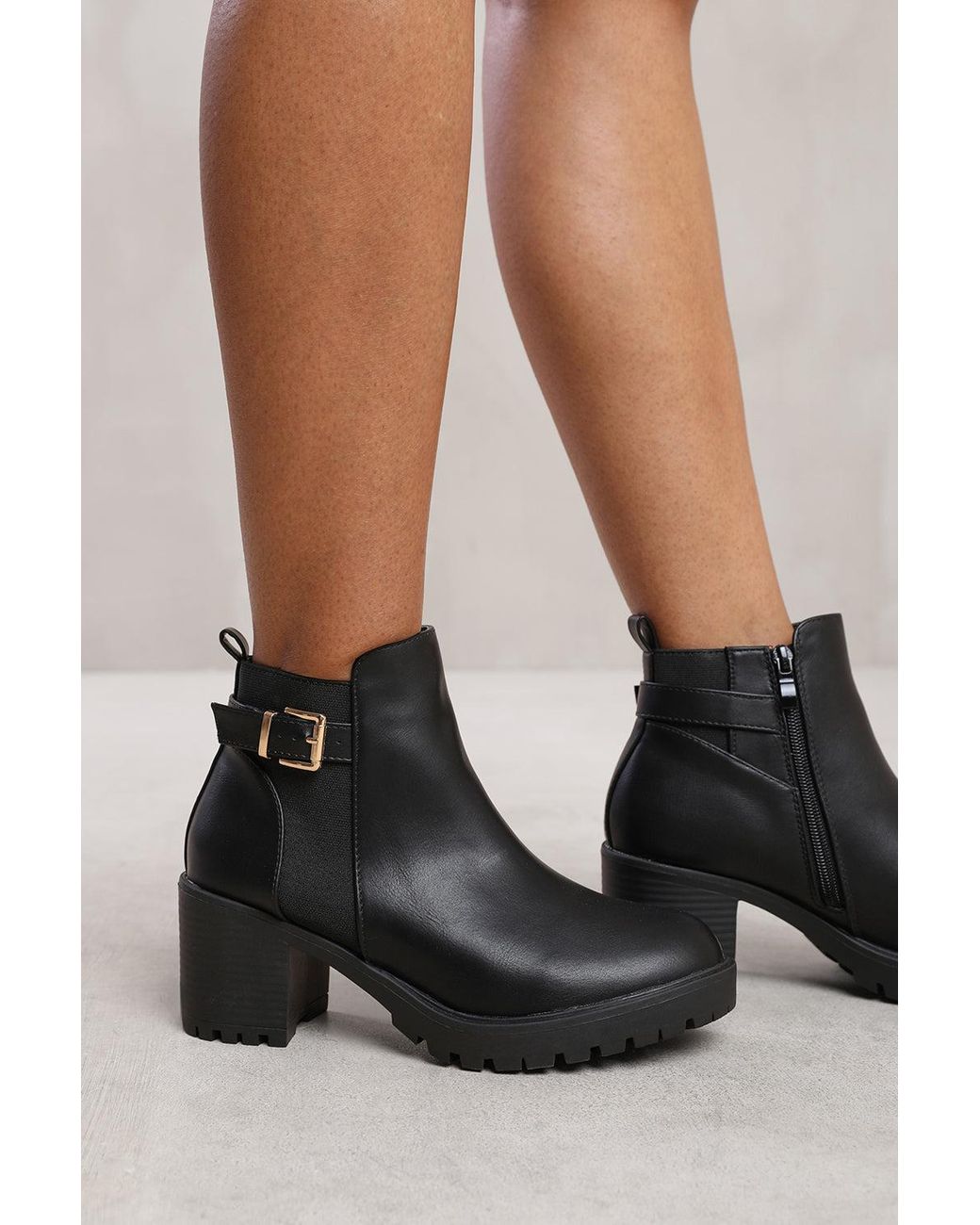 Where's That From Black Wheres 'Maylah' Mid Block Heel With Buckle Detail Stretch Ankle Boots