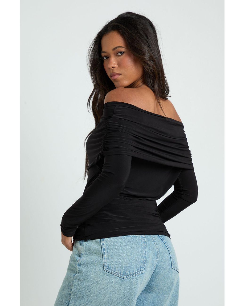 Boohoo Black Fold Over Neck Long Sleeve Top