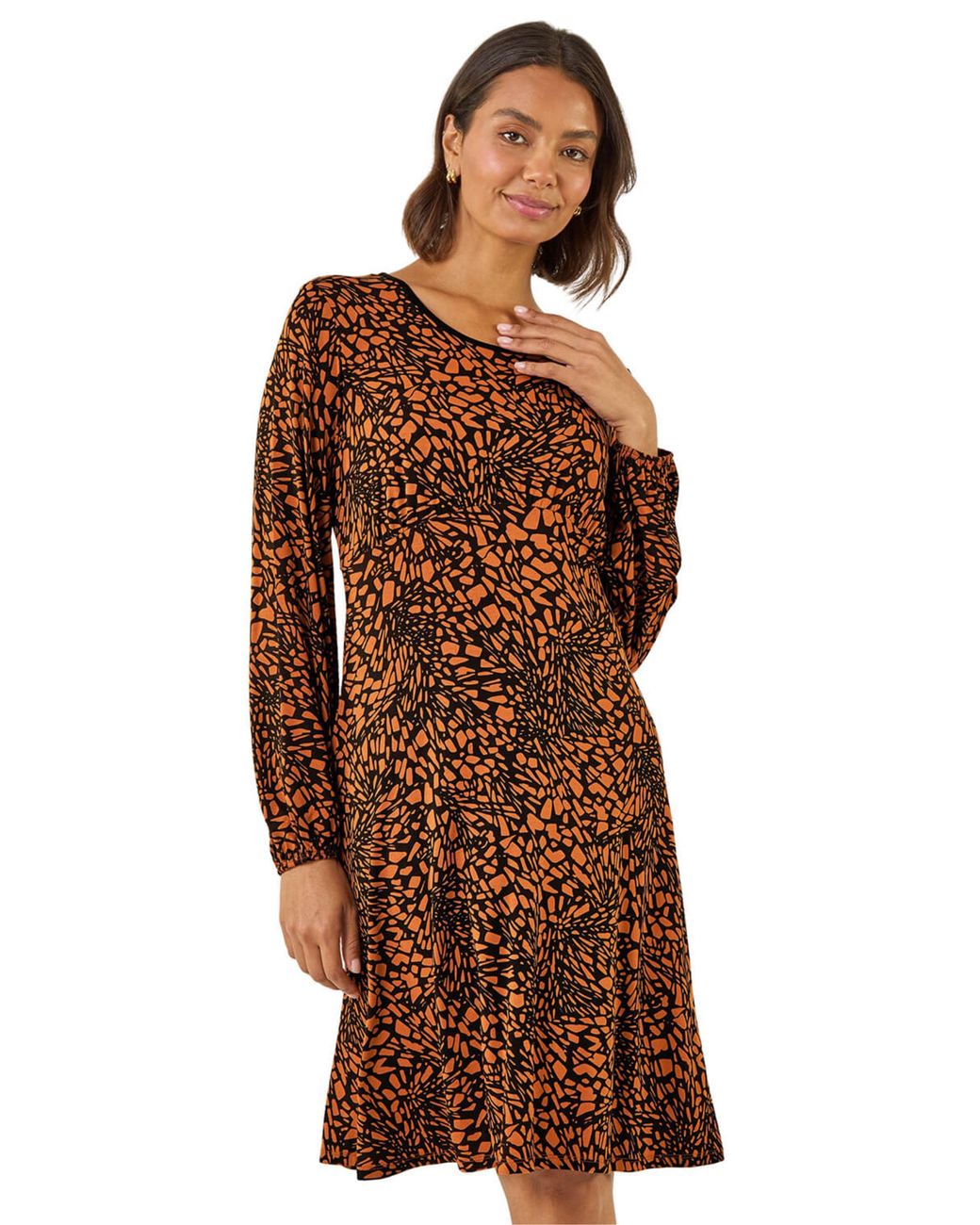 Roman Brown Abstract Print Gathered Stretch Dress