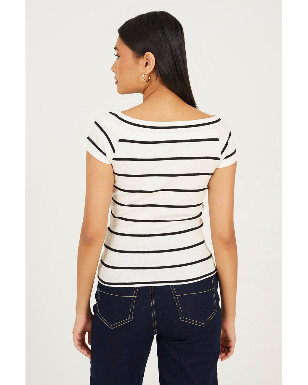 Brave Soul White Striped Scoop Neck Short Sleeve Top