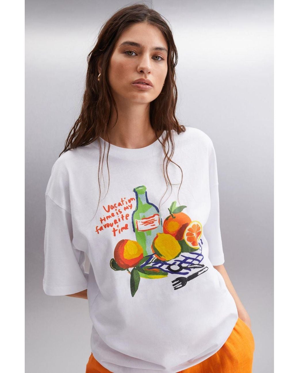 Grimelange White Oversized Printed Crew Neck T-Shirt