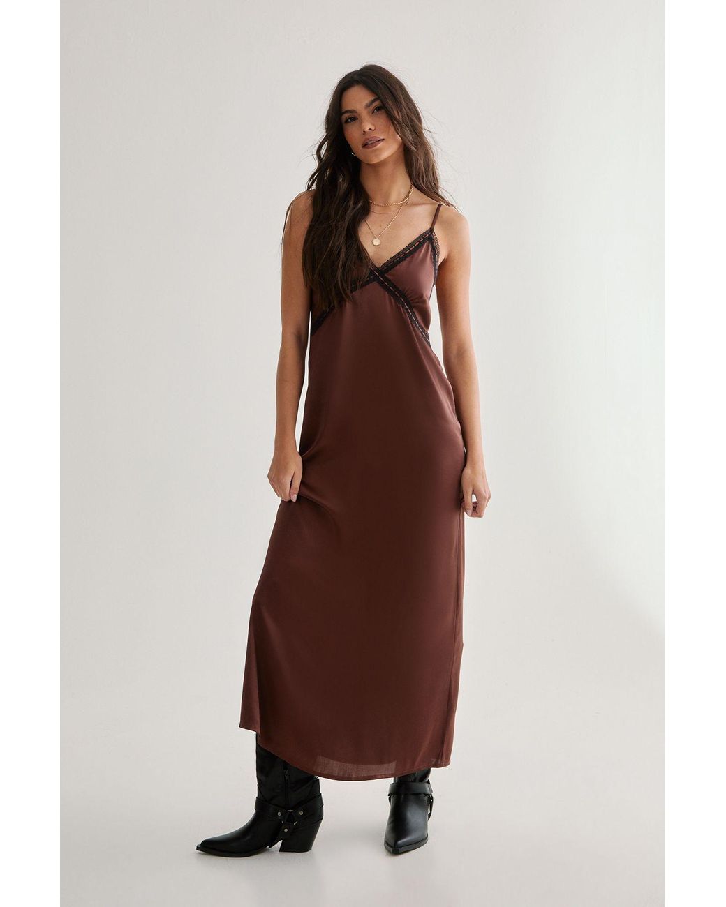 Nasty Gal Satin Ribbon Lace Trim Maxi Slip Dress in Brown Lyst UK