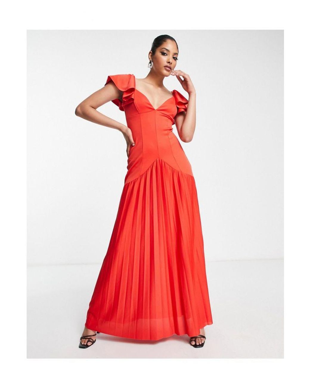 Pleated ruffle maxi sales dress