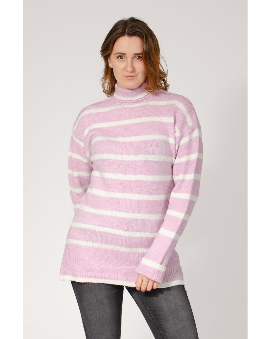 New Look Pink Longline Striped Roll Neck Jumper