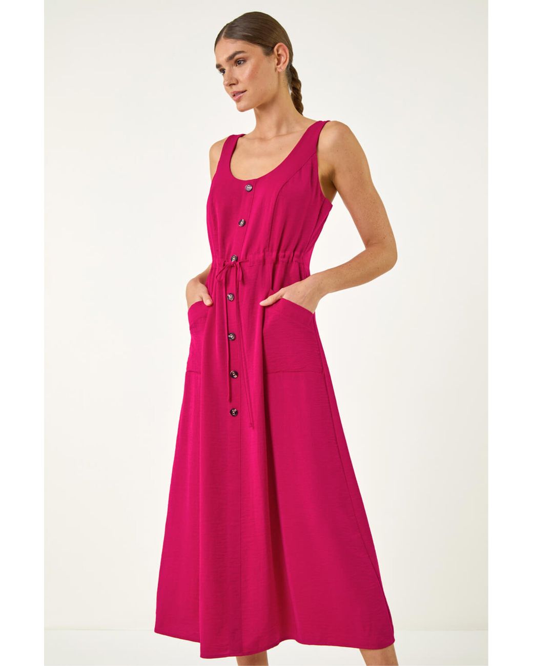Roman Pink Buttoned Tie Waist Midi Dress