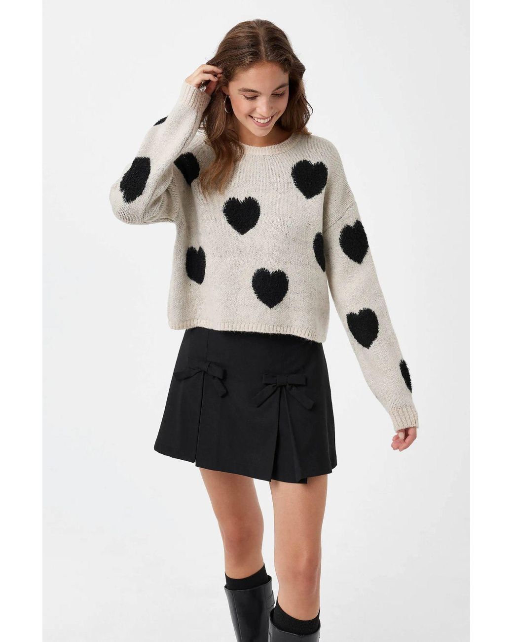 Hiccup Multicolor Heart Patterned Crew Neck Sweater