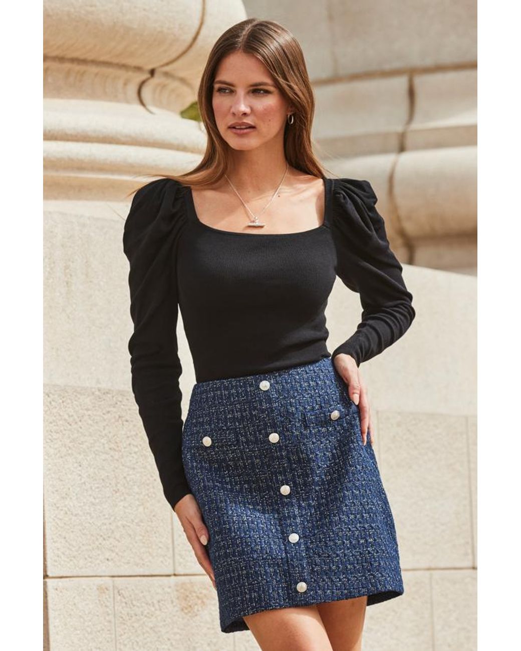 Sosandar Blue Metallic Boucle Button Front A-Line Skirt