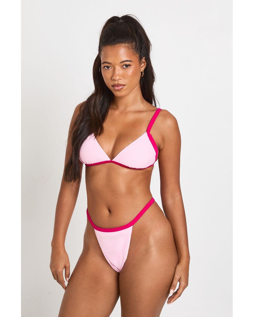 Boohoo Pink Contrast Binding Triangle Bikini Top And Tanga Bottoms