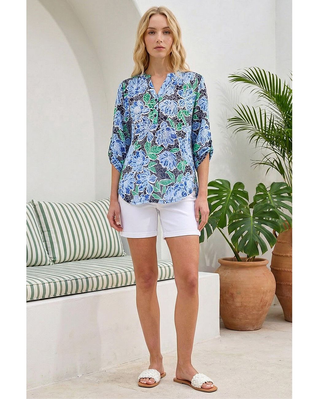 Roman Blue Floral Print Burnout Shirt