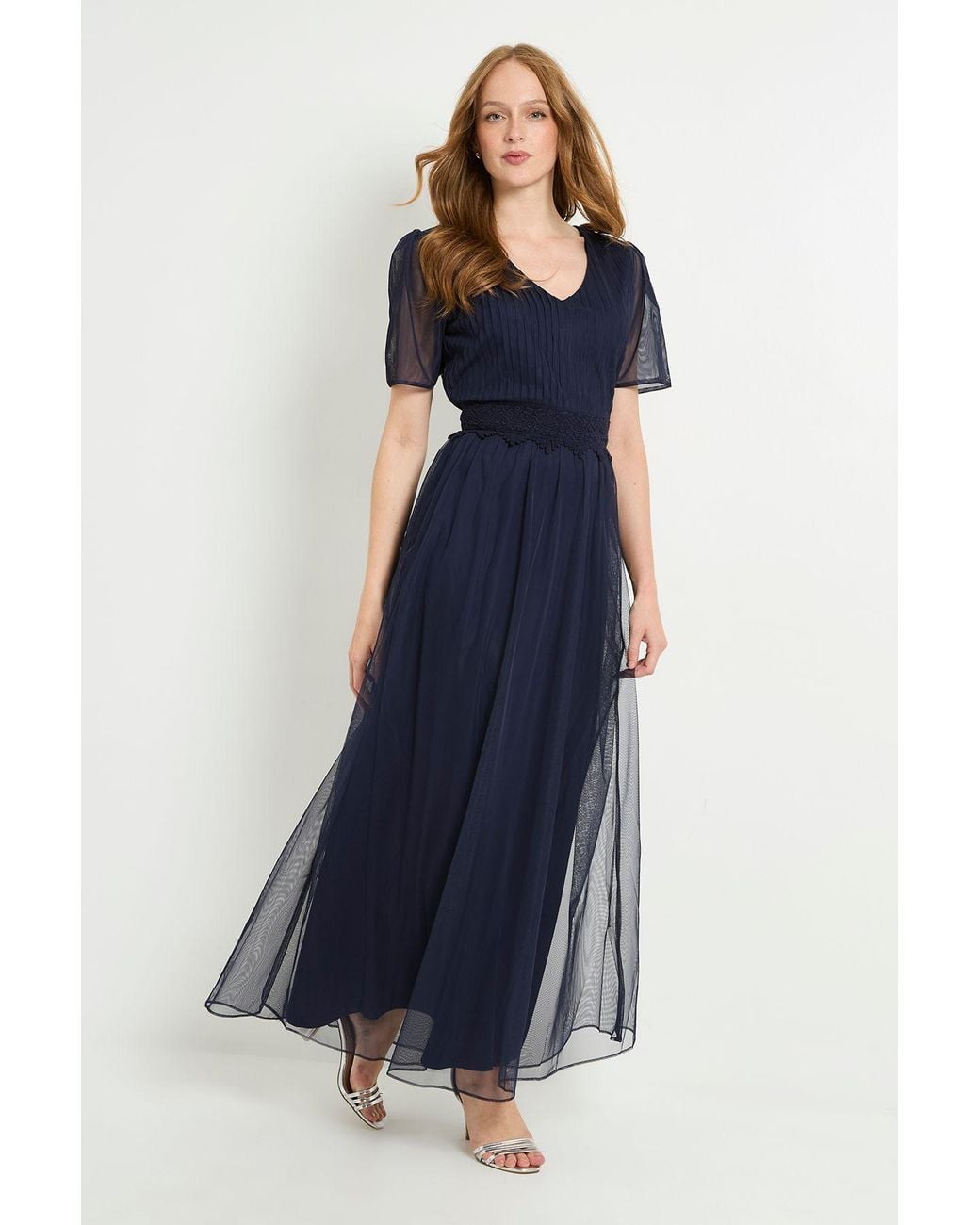 Wallis Blue Mesh Lace Trim Maxi Dress
