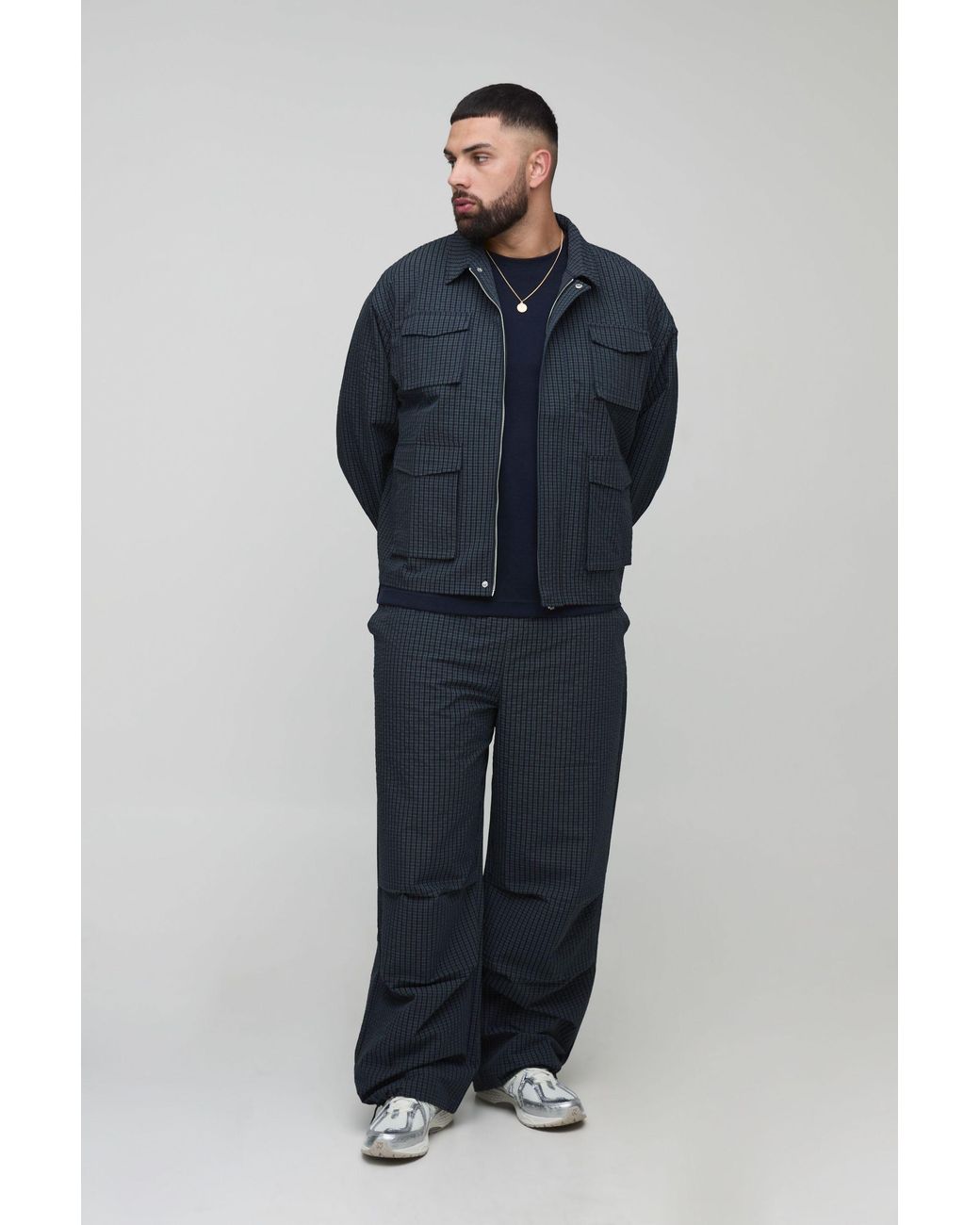 BoohooMAN Blue Plus Oversized Check Ripstop Cargo Shacket for men