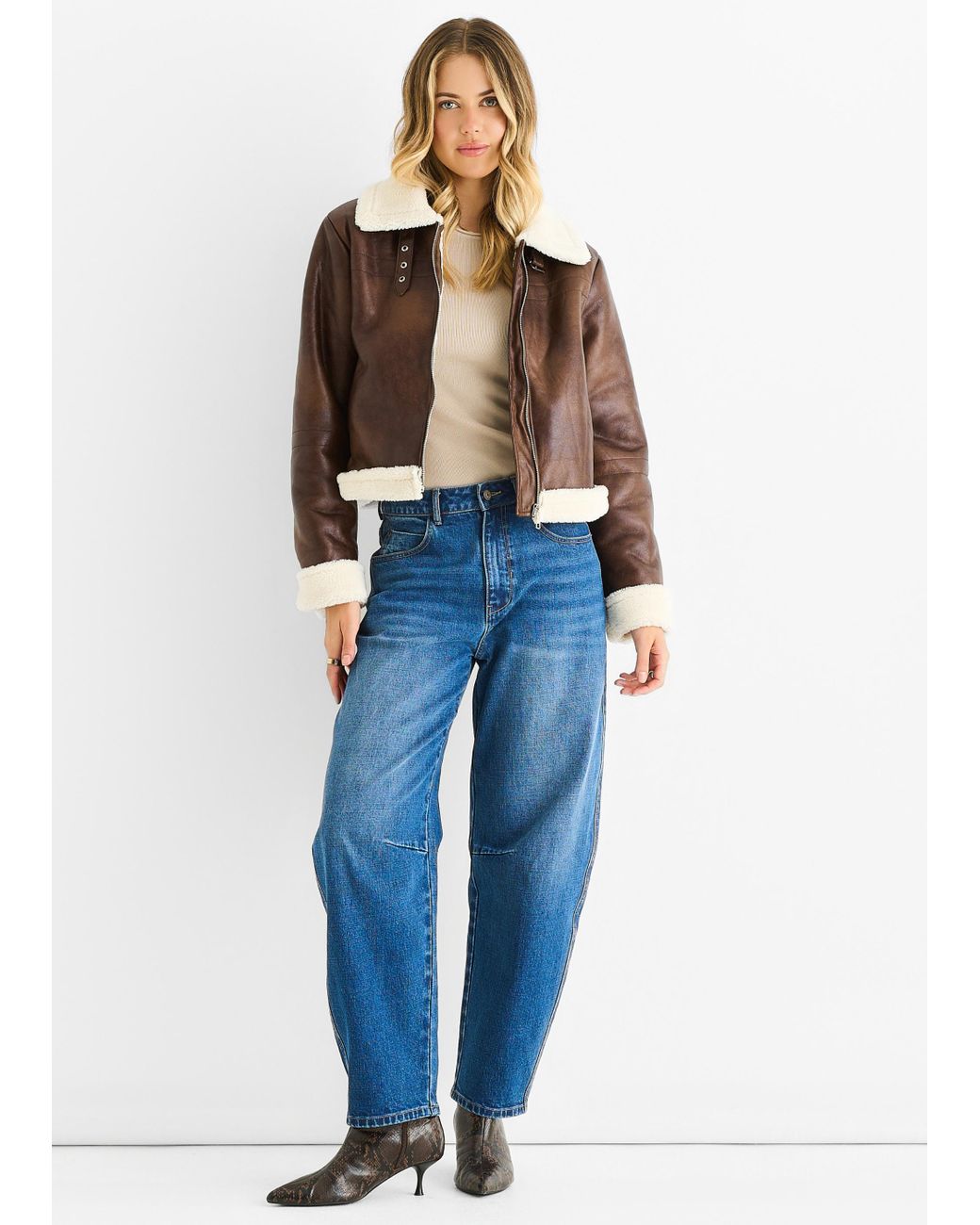 Gini London Blue Faux Leather Shearling Fur Aviator Jacket