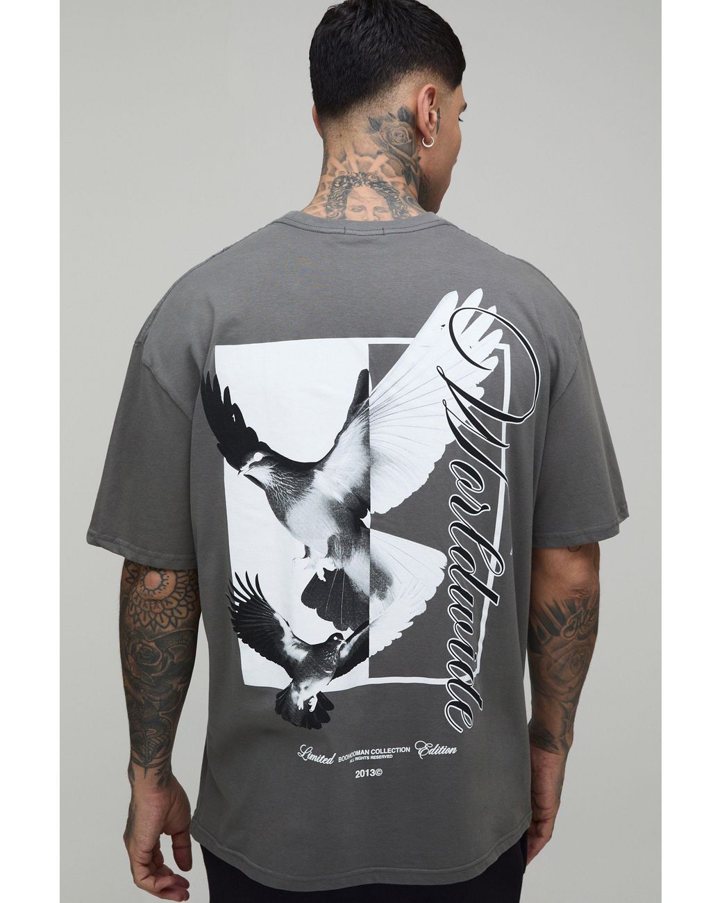 BoohooMAN Gray Tall Oversized Dove Worldwide Back Print T-Shirt for men