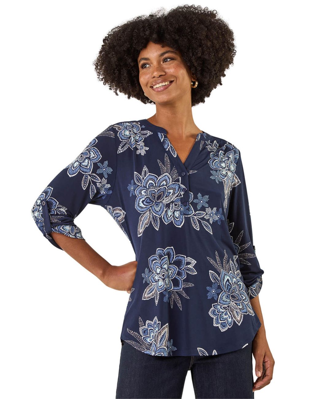 Roman Blue Floral Puff Print Stretch Shirt