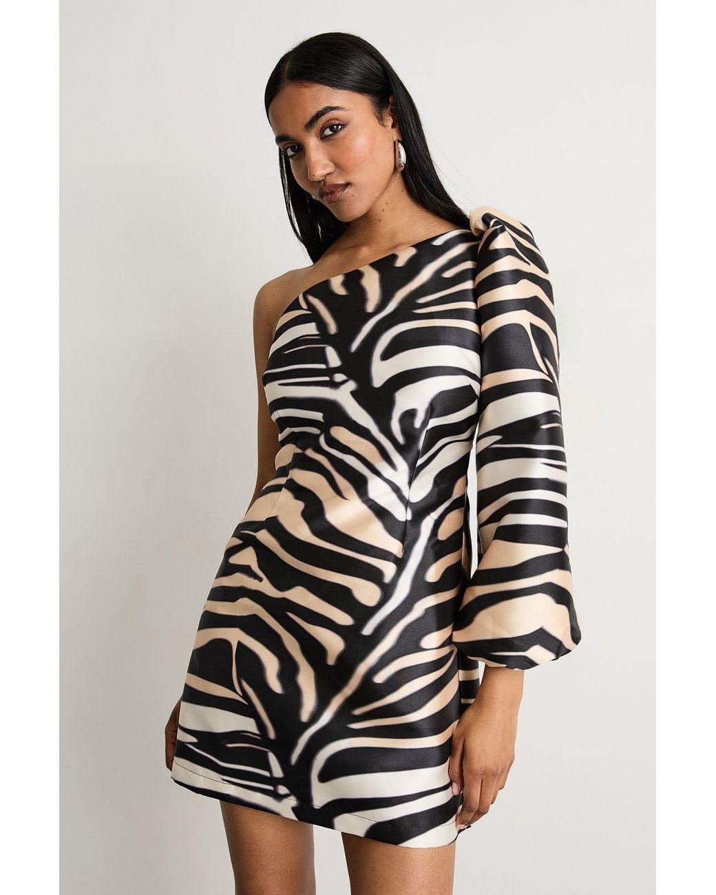 Warehouse Multicolor One Shoulder Puff Sleeve Mini Dress