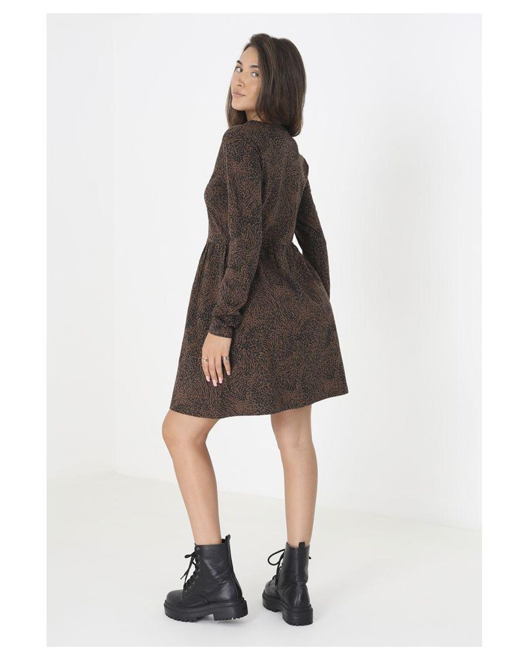 Brave Soul Brown Cotton 'Sandie' Animal Print Long Sleeve Mini Smock Dress