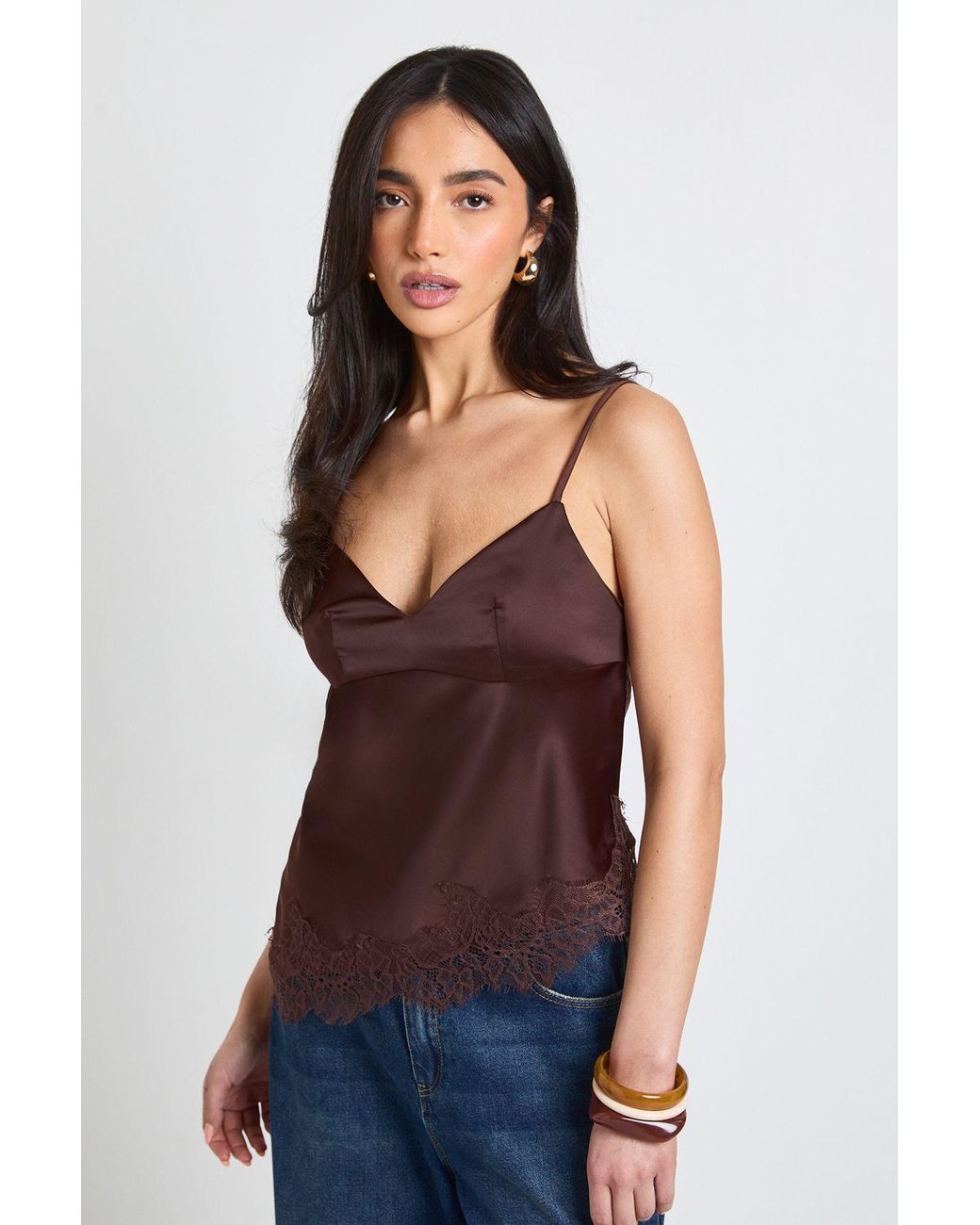 Boohoo Purple Satin Tie Back Lace Cami Top