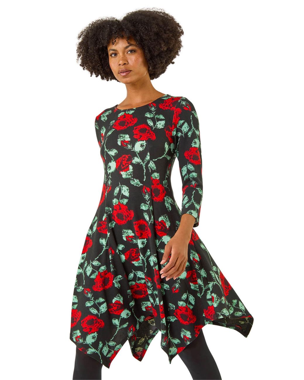 Roman White Rose Print Hanky Hem Dress