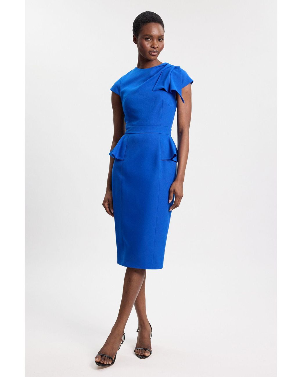 Karen Millen Blue Structured Ruched Detail Midi Dress