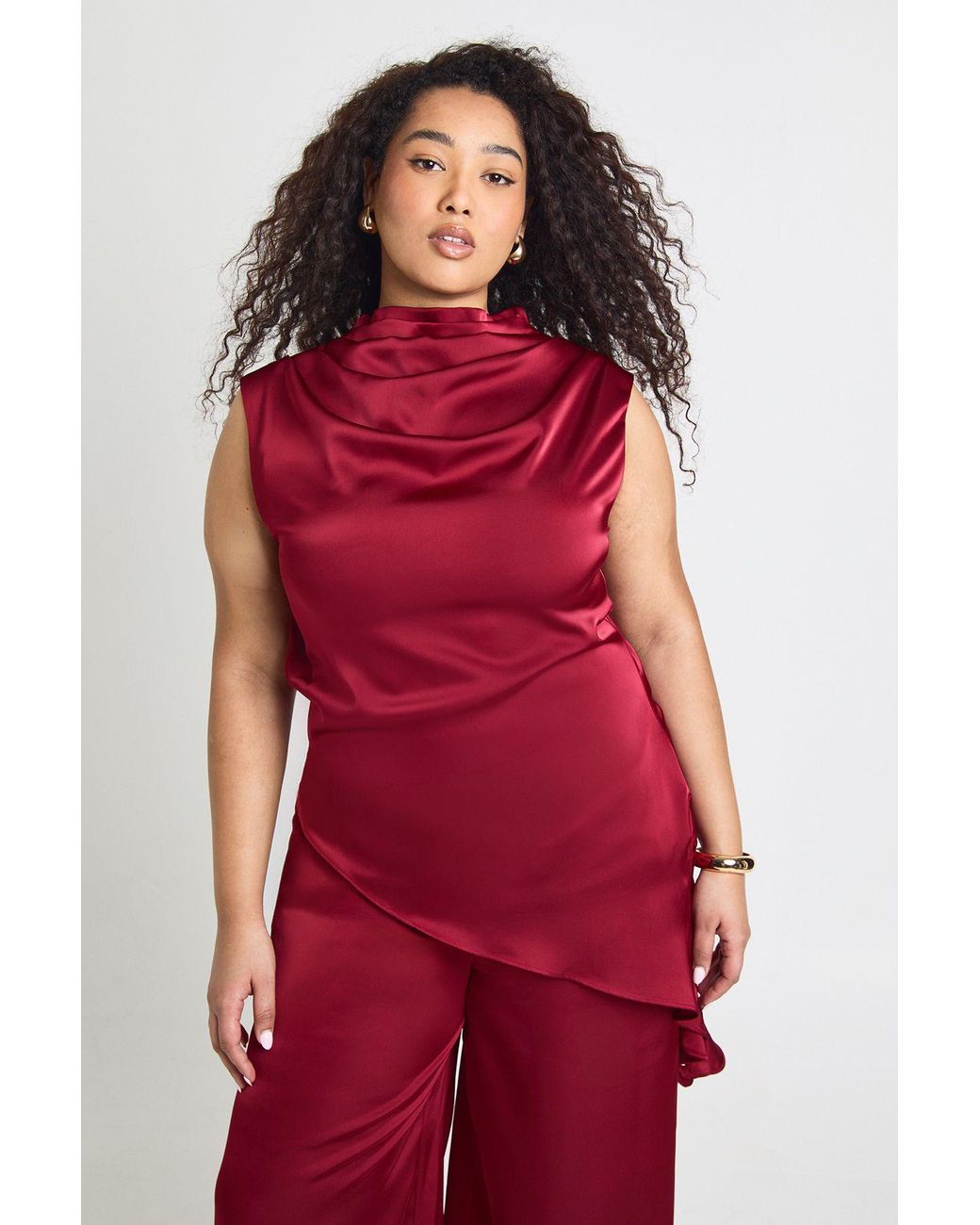 Boohoo Red Plus Satin High Cowl Asym Hem Top