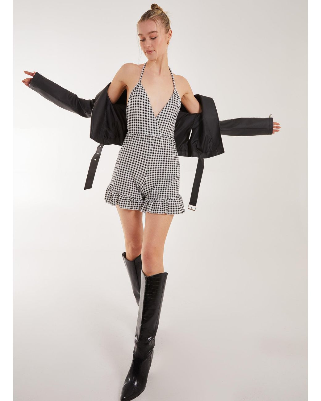 Pink Vanilla Black Gingham Frill Jacquard Playsuit