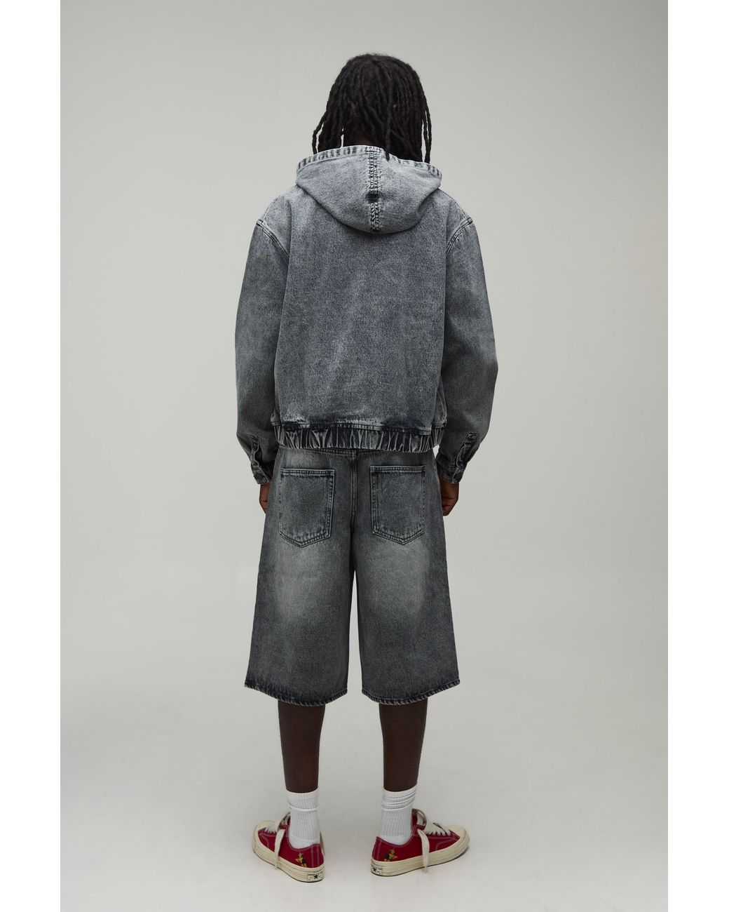 BoohooMAN Gray Moto Badge Boxy Denim Hoodie for men
