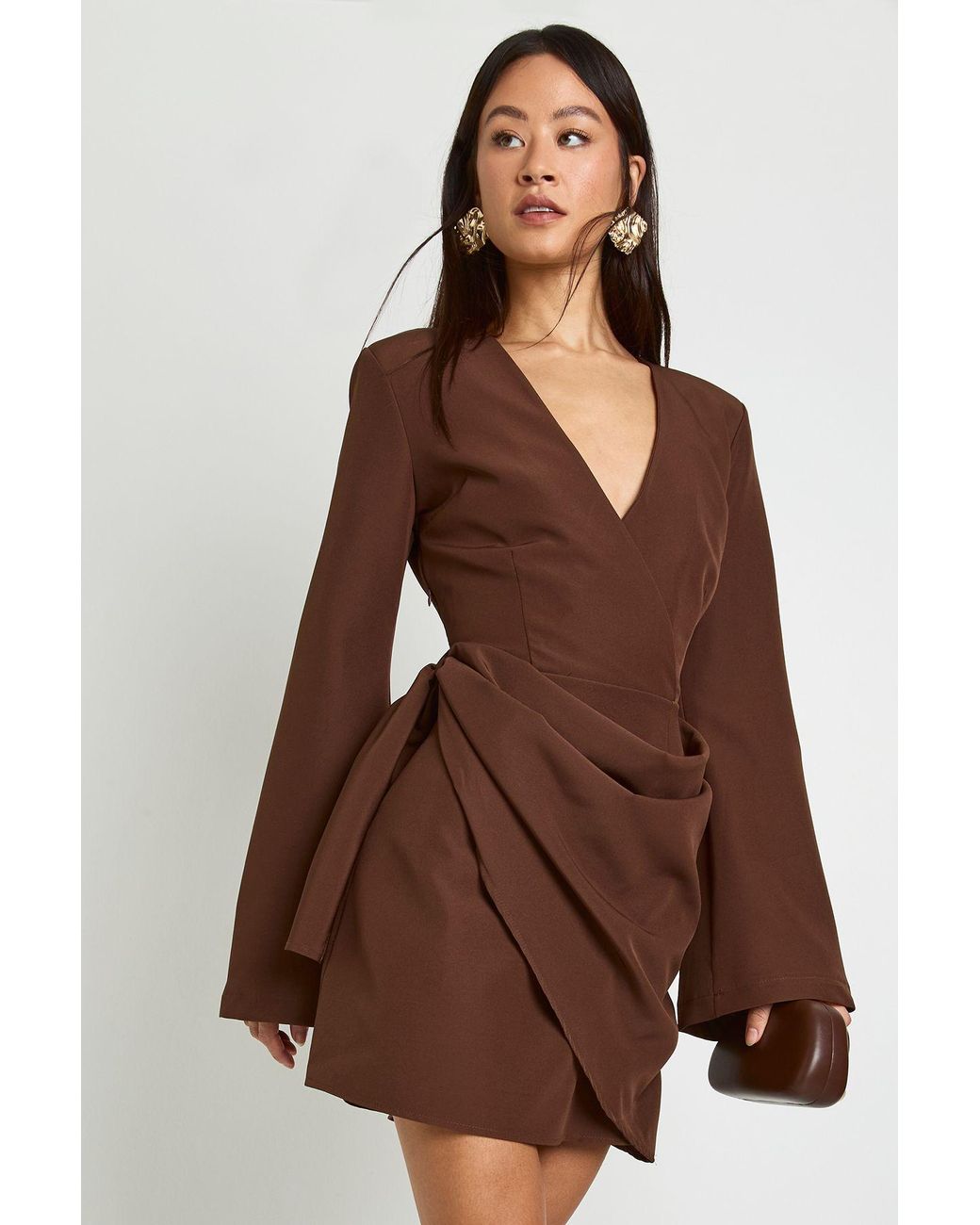 Boohoo Brown Tall Tie Waist Collarless Draped Blazer Dress