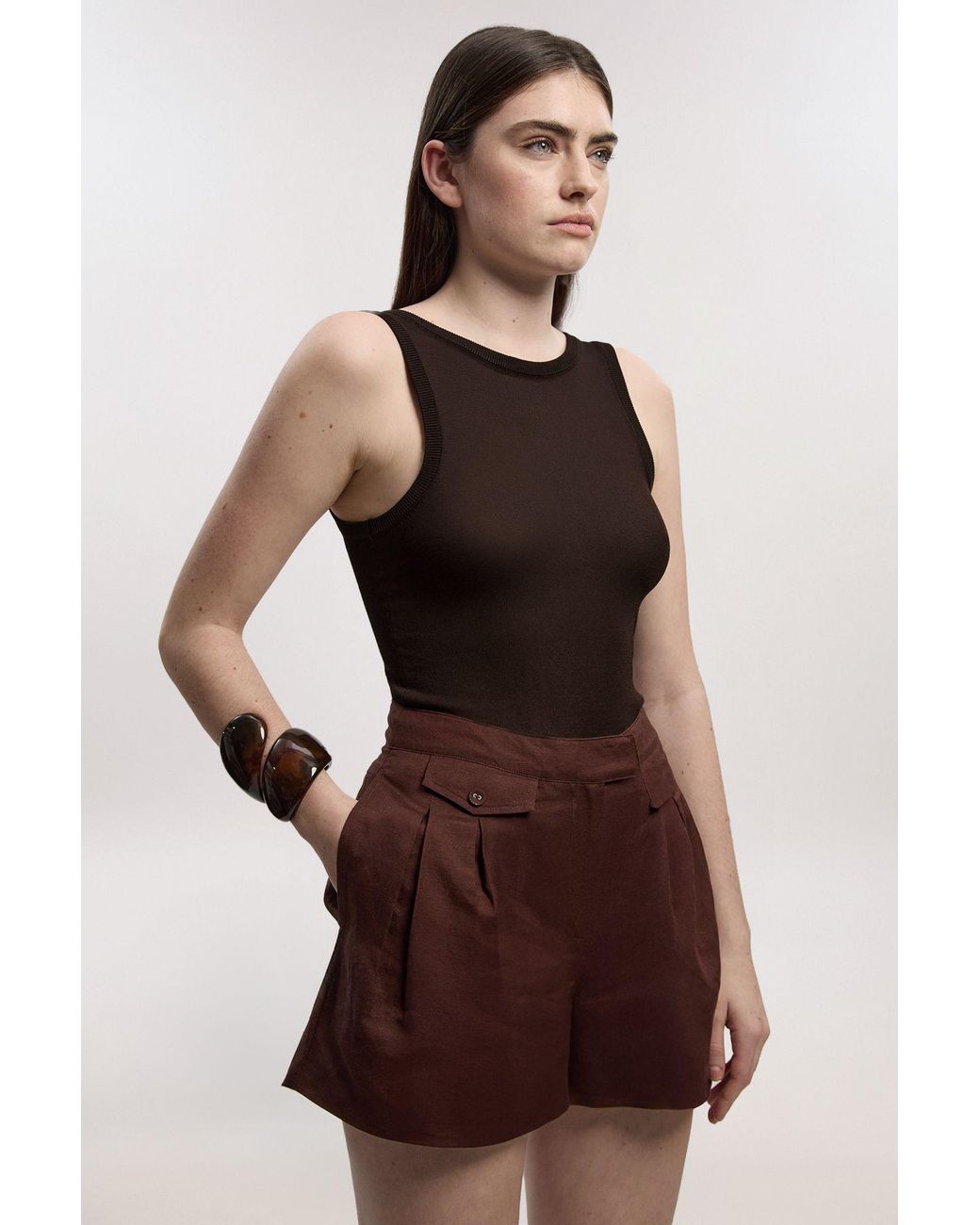 Karen Millen Brown Viscose Linen Woven Pocket Detail Short